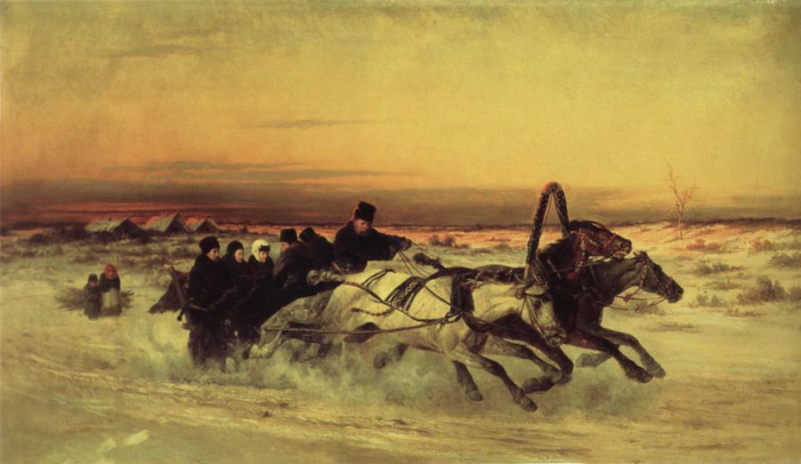 Oil undated a Wintertroika in the gallop in sunset